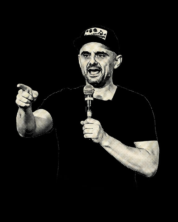 Gary Vaynerchuk mid-speech with a microphone — halftone illustration